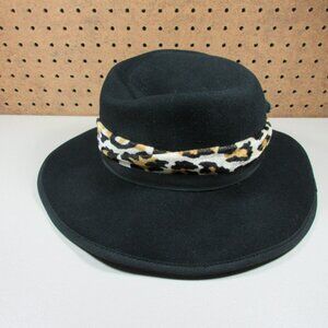 Vintage Michael Howard womens black cheetah ribbon Wool fedora USA